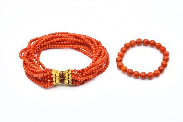 TWO CORAL BEAD BRACELETS