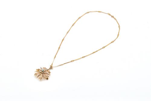 AN EDWARDIAN PEARL AND TURQUOISE STAR BROOCH/PENDANT WITH A CHAIN (2)