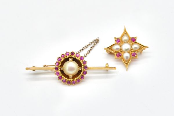 TWO EDWARDIAN RUBY, DIAMOND AND PEARL BROOHES (2)