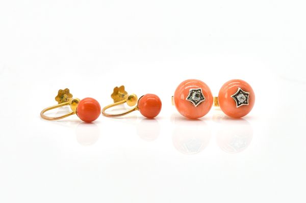 A PAIR OF VICTORIAN CORAL AND DIAMOND EAR STUDS (2)