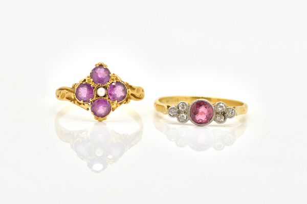 A VICTORIAN GARNET AND SEED PEARL RING, AND A SAPPHIRE AND DIAMOND RING (2)