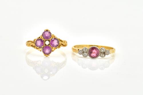 A VICTORIAN GARNET AND SEED PEARL RING, AND A SAPPHIRE AND DIAMOND RING (2)