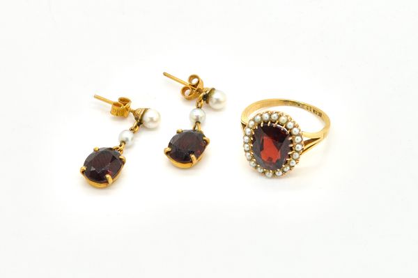 A GARNET AND SEED PEARL RING, WITH SIMILAR EARRINGS