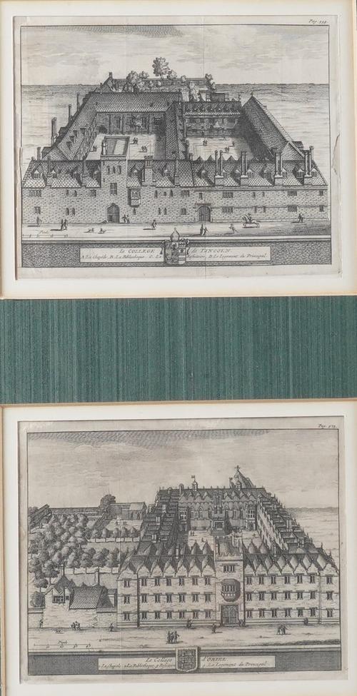 A SET OF EIGHT FRENCH ENGRAVINGS OF OXFORD COLLEGES AND BUILDINGS, FRAMED AS FOUR