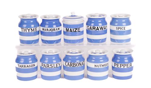 T.G. GREENE: TEN CORNISHWARE SPICE JARS INCLUDING CARAWAY SEEDS AND MARJORAM (10)