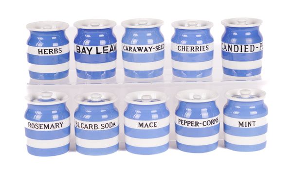 T.G. GREENE: TEN CORNISHWARE SPICE JARS INCLUDING CARAWAY-SEEDS AND PEPPER-CORNS (10)