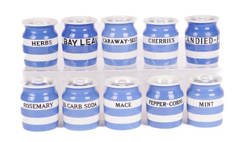 T.G. GREENE: TEN CORNISHWARE SPICE JARS INCLUDING CARAWAY-SEEDS AND PEPPER-CORNS (10)