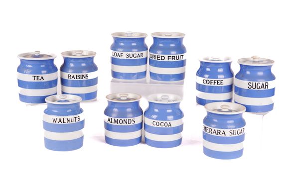 T.G. GREEN: TEN MEDIUM CORNISHWARE HOUSEHOLD JARS INCLUDING LOAF SUGAR AND DRIED FRUIT (10)