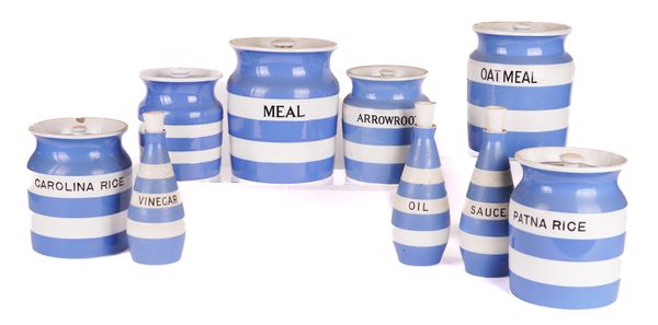 T.G. GREENE: SIX CORNISHWARE HOUSEHOLD JARS INCLUDING ARROWROOT WITH THREE CONDIMENT BOTTLES (9)