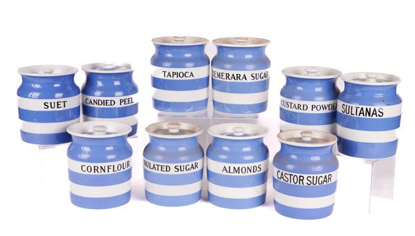 T.G. GREEN: TEN MEDIUM CORNISHWARE HOUSEHOLD JARS INCLUDING CASTOR SUGAR AND TAPIOCA (10)