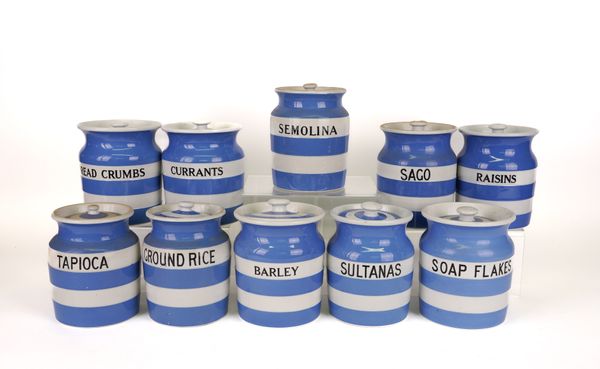 T.G. GREEN: TEN MEDIUM CORNISHWARE HOUSEHOLD JARS INCLUDING SOAP FLAKES AND SAGO (10)