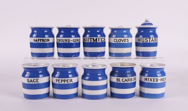 T.G. GREEN: TEN CORNISHWARE SPICE JARS INCLUDING SAFFRON AND GROUND-GINGER (10)