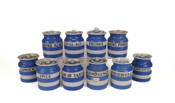 T.G. GREEN: TEN SMALL CORNISHWARE HOUSEHOLD JARS INCLUDING COCOA-NUT AND PRESERVING GINGER (10)