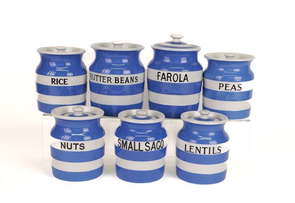 T.G. GREEN: SEVEN CORNISHWARE HOUSEHOLD JARS INCLUDING FAROLA AND BUTTER BEANS (7)