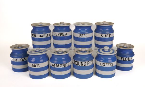 T,G, GREEN: TEN SMALL CORNISHWWARE HOUSEHOLD JARS INCLUDING SUET AND PEEL (10)