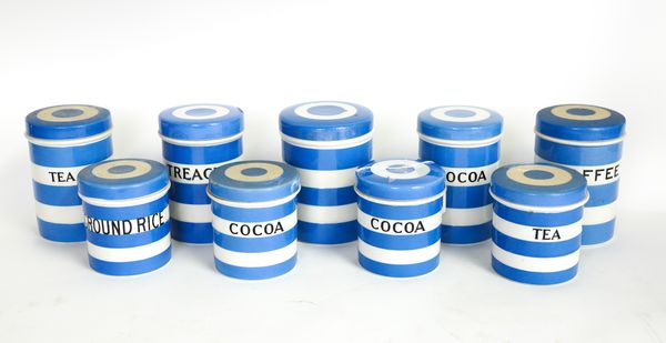 T.G. GREEN: NINE CORNISHWARE CANISTERS INCLUDING TREACLE AND GROUND RICE (9)