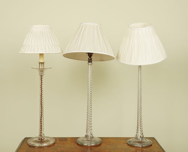 A PAIR OF SPIRAL TWIST GLASS TABLE LAMPS AND SHADES AND ANOTHER TABLE LAMP (3)