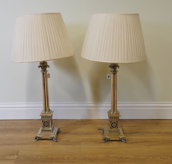 A PAIR OF LATE VICTORIAN GOTHIC REVIVAL SILVERED BRONZE CLUSTER COLUMN TABLE LAMPS