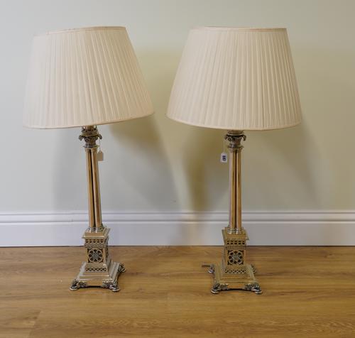 A PAIR OF LATE VICTORIAN GOTHIC REVIVAL SILVERED BRONZE CLUSTER COLUMN TABLE LAMPS