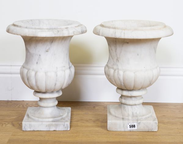 A PAIR OF MARBLE CAMPANA URNS (2)