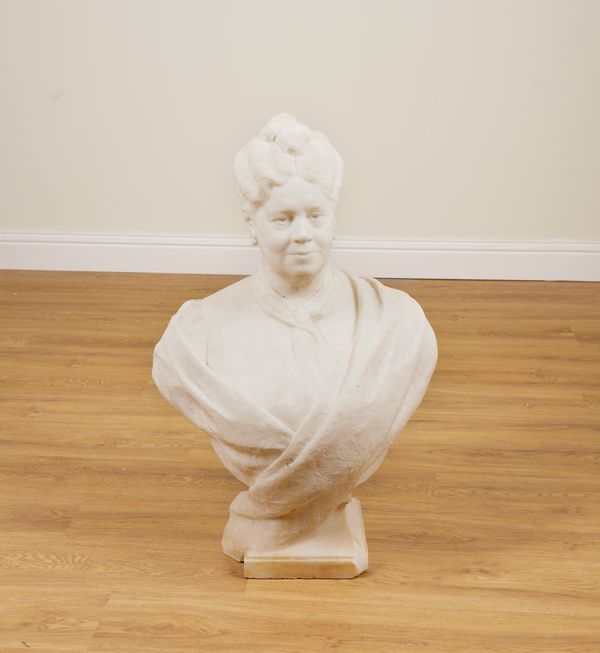 AN EDWARDIAN CARVED WHITE MARBLE BUST OF A LADY