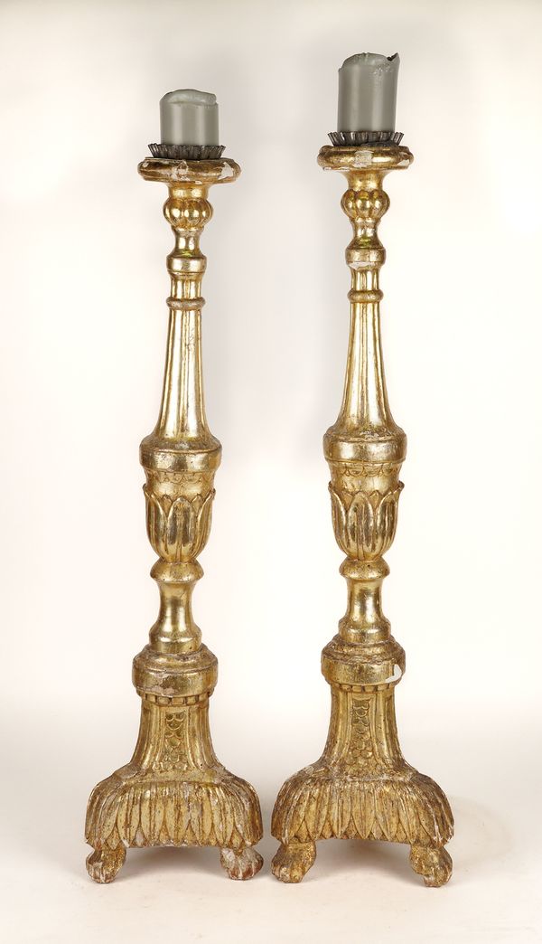 A PAIR OF ITALIAN GILTWOOD PRICKET CANDLESTICKS (2)