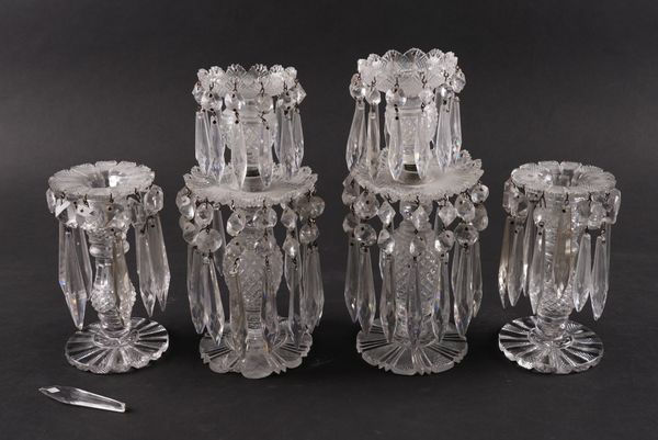 TWO PAIRS OF GLASS CANDLESTICKS WITH DROP PENDANTS (4)