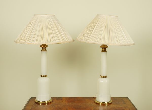 A PAIR OF WHITE OPALINE GLASS GILT-METAL MOUNTED TABLE LIGHTS (2)