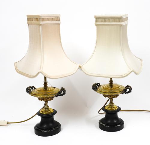 A PAIR OF FRENCH NEO-GREC PATINATED BRONZE, BRASS AND MARBLE MOUNTED URN TABLE LAMPS (2)