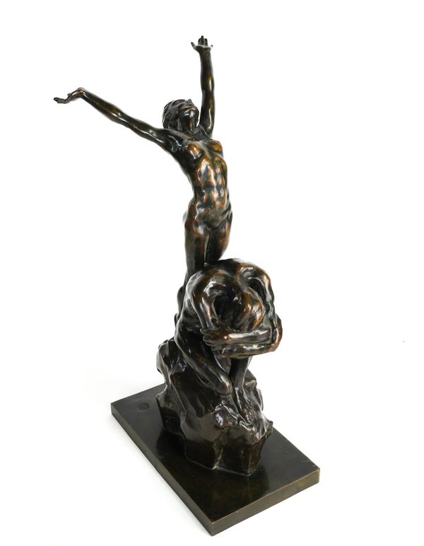 DAISY BORNE (BRITISH 1906-1998): ‘RENAISSANCE’ BRONZE FIGURAL GROUP OF A FEMALE NUDE STANDING OVER A MAN