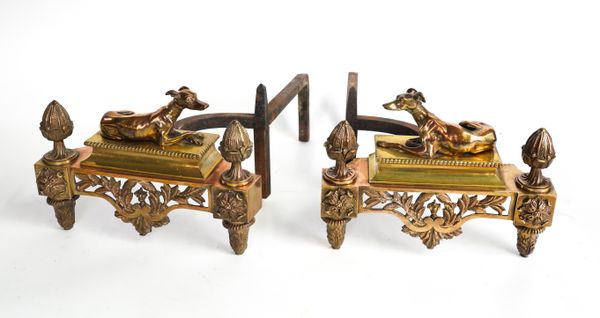 A PAIR OF FRENCH GILT METAL FIRE DOGS (2)