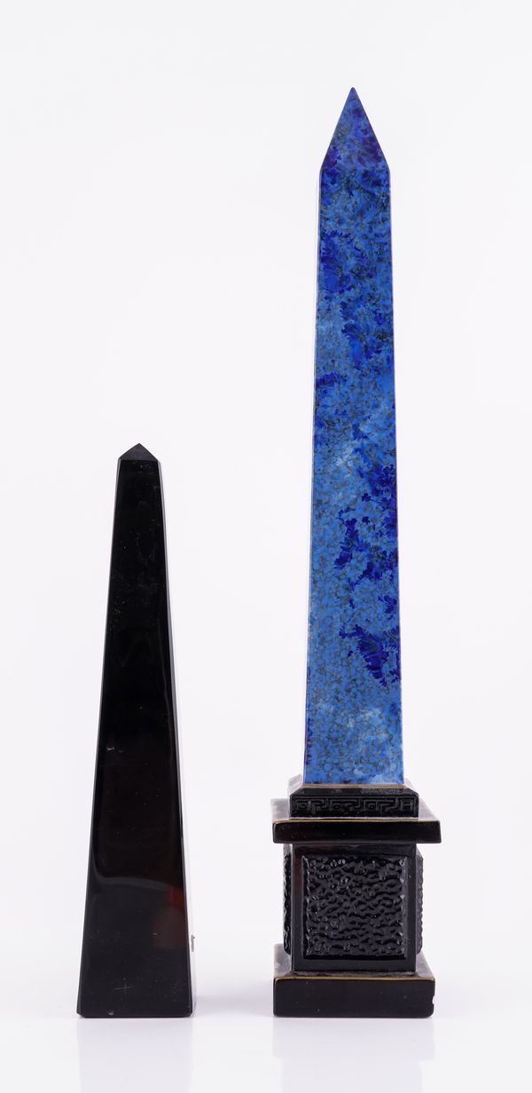 TWO OBELISKS: A HOLKHAM POTTERY LAPIS-LAZULI GLAZED OBELISK AND AN OBSIDIAN EXAMPLE (2)