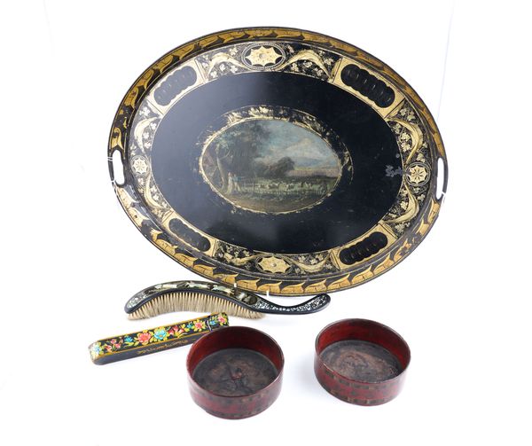 A REGENCY PONTYPOOL BLACK AND GILT-METAL OVAL TRAY AND A PAIR OF REGENCY RED PAPIER-MACHE COASTERS (5)