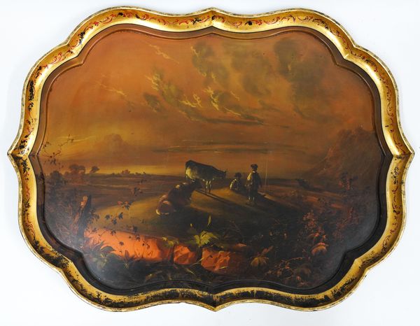 WALTON & CO.: AN EARLY VICTORIAN PAINTED CARTOUCHE SHADED PAPIER-MÂCHÉ TRAY