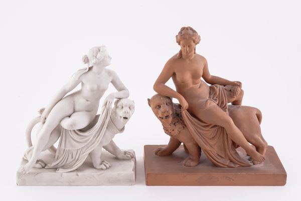 A PARIAN-WARE OR BISCUIT PORCELAIN GROUP OF ARIADNE AND THE PANTHER; TOGETHER WTIH A TERRACOTTA VERSION (2)