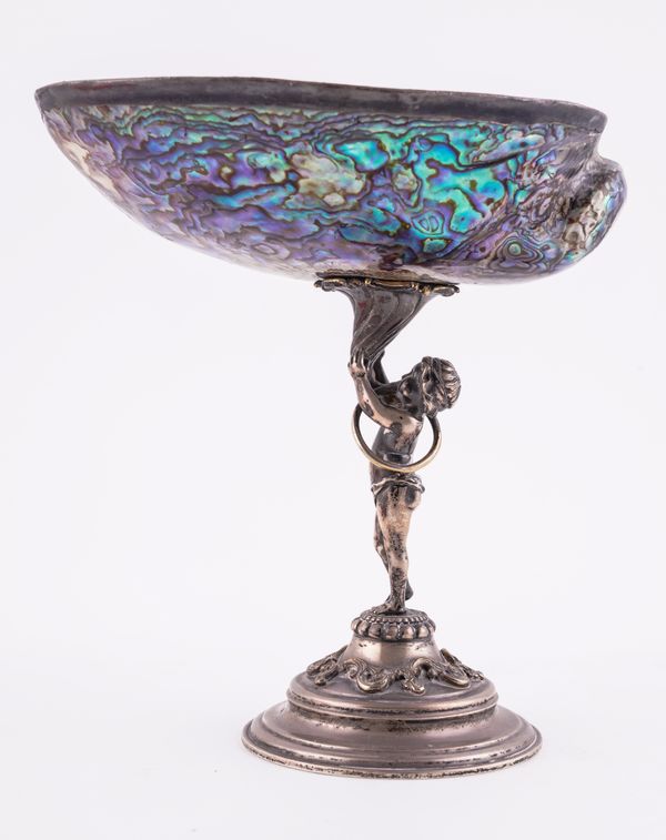 A SILVER MOUNTED ABALONE SHELL TAZZA