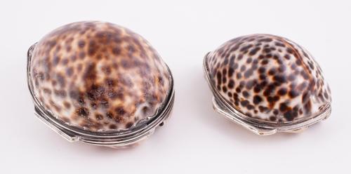 A GEORGE III SILVER-MOUNTED COWRIE SHELL SNUFF BOX (2)