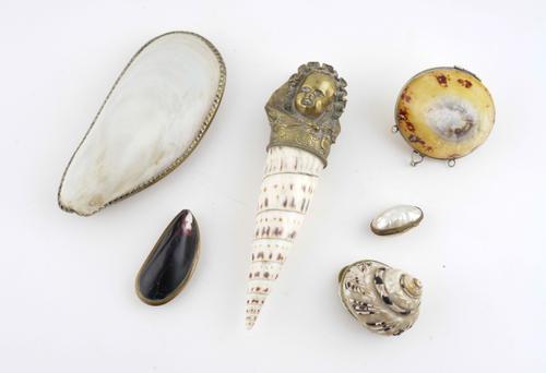 AN UNUSUAL GILT-BRONZE MOUNTED MITRE SHELL; TOGETHER WITH FIVE OTHER METAL MOUNTED SHELL SNUFF AND PILL BOXES (6)