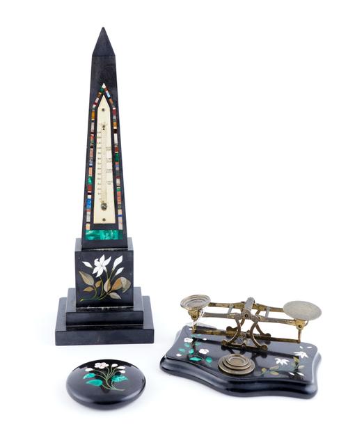 A GROUP OF THREE ASHFORD MARBLE PIETRA DURA DESK ACCESSORIES (3)