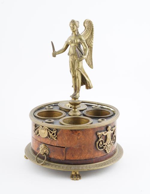 AN EMPIRE ORMOLU AND BURR-WALNUT MOUNTED ECRIER OR INKSTAND