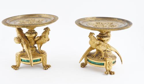 A PAIR OF FRENCH ORMOLU AND MALACHITE MOUNTED PHEASANT TAZZE (2)