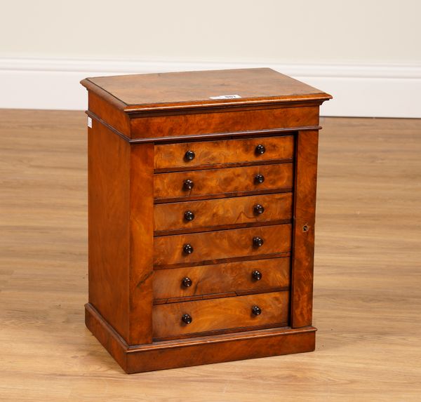 A VICTORIAN FIGURED WALNUT MINIATURE WELLINGTON/COLLECTOR’S CHEST