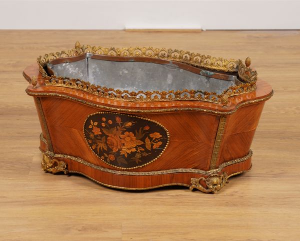 A LATE 19TH CENTURY FRENCH GILT METAL MOUNTED MARQUETRY INLAID KINGWOOD TABLE TOP JARDINIERE