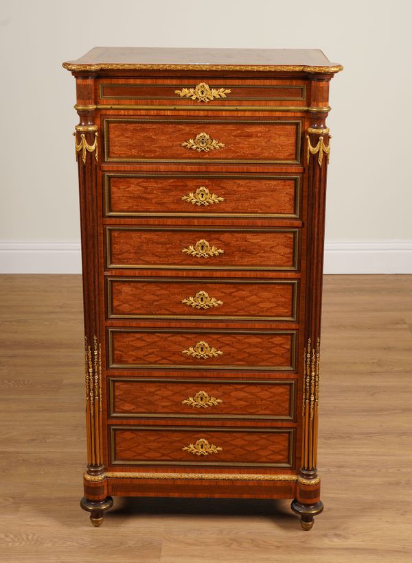 GROHE A PARIS; A 19TH CENTURY FRENCH ORMOLU MOUNTED PARQUETRY INLAID KINGWOOD SECRETAIRE CHEST