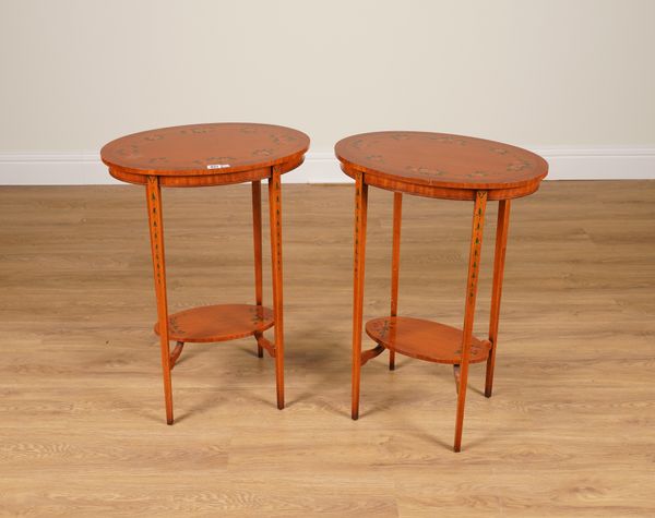 A PAIR OF EDWARDIAN POLYCHROME FLORAL PAINTED SATINWOOD OVAL OCCASIONAL TABLES (2)