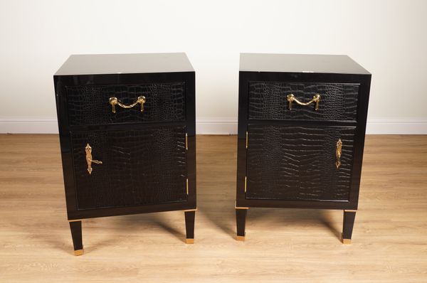 RALPH LAUREN; A PAIR OF BROOK STREET BLACK LACQUER PARCEL GILT AND FAUX CROCODILE SKIN LEATHER VENEERED SIDE CABINETS (2)