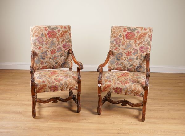 A PAIR OF 19TH CENTURY FRENCH CARVED WALNUT FRAMED SQUARE BACK OPEN ARMCHAIRS (2)