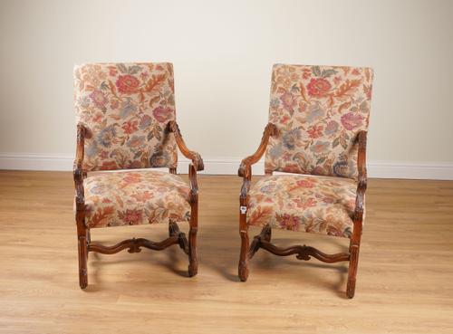 A PAIR OF 19TH CENTURY FRENCH CARVED WALNUT FRAMED SQUARE BACK OPEN ARMCHAIRS (2)