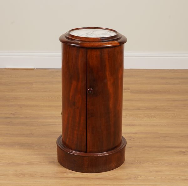 A VICTORIAN MARBLE-TOPPED MAHOGANY CYLINDRICAL POT CUPBOARD