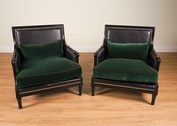 RALPH LAUREN; A PAIR OF DUCHESS SALON STUDDED BLACK LEATHER UPHOLSTERED EBONISED SQUARE BACK ARMCHAIRS (2)